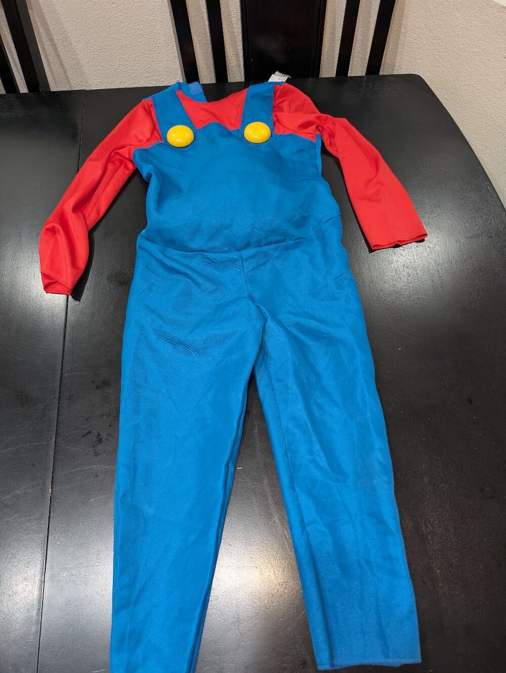 Kids Mario Costume Jumpsuit Blue Overalls Super Mari Padded Belly Small 4/6